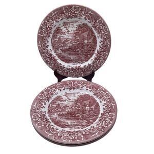 Staffordshire Engravings 17th Century Pink 10 1/2" Plates Set of Three GUC